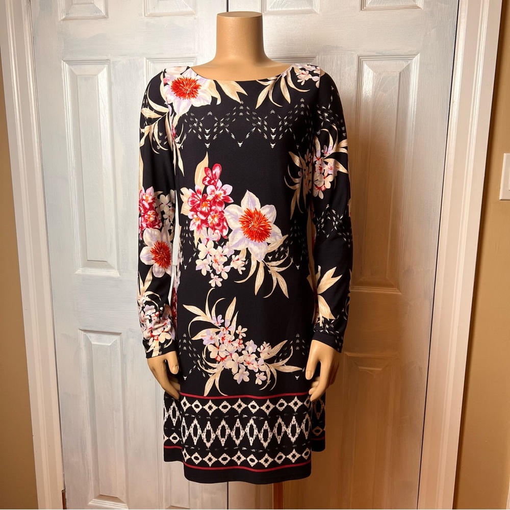 VINCE CAMUTO Navy Blue Floral Knee Length Boat Neck Work Dress - Size 8